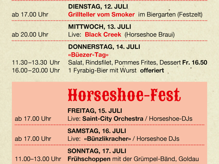 Jubiläumswoche und Horseshoe Fest 11.-17. Juli 2022